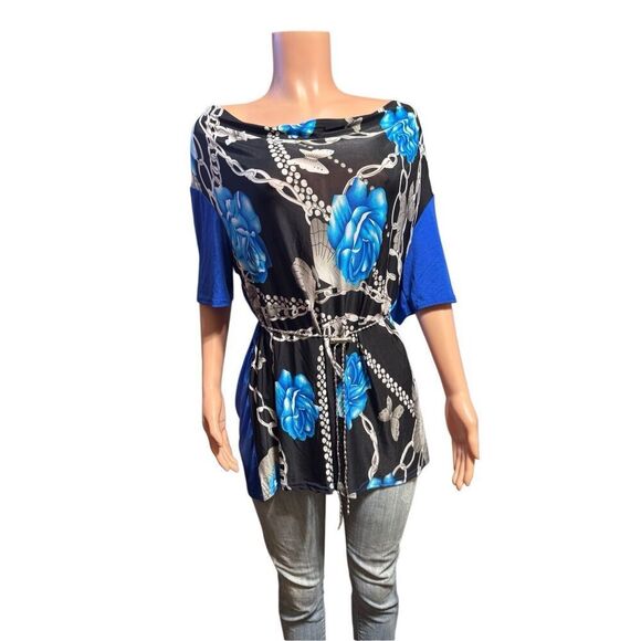 Pulp blue printed short sleeve cowl neck top XL - Picture 1 of 6